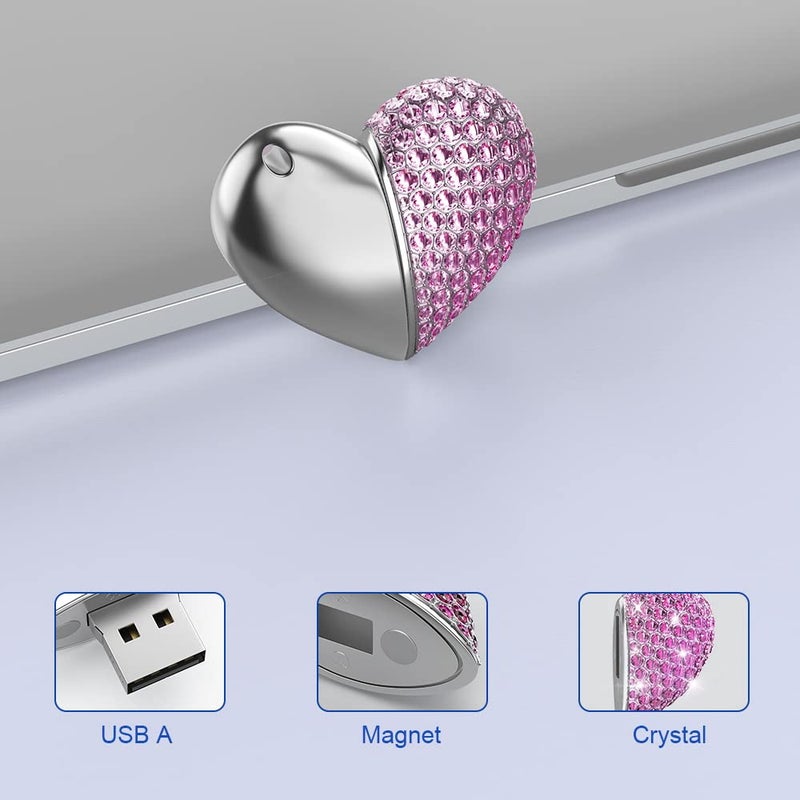 RAOYI 32GB Heart Shape USB 2.0 Flash Drive Crystal Memory Stick Thumb Drive Pen Drive Jump Drive Jewelry Pendant Necklace with Key Chain-Pink - Image 3